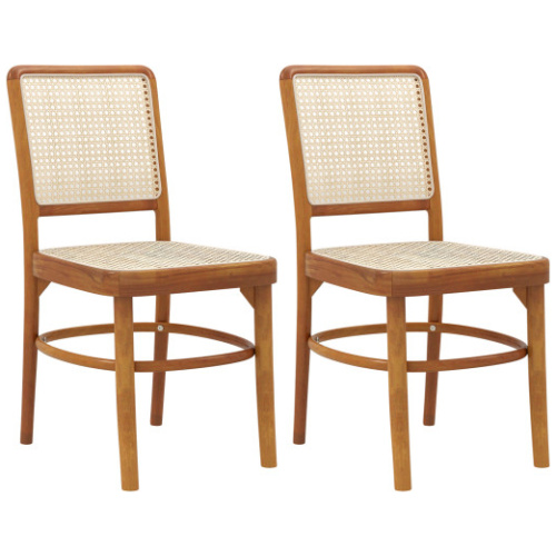 Set of 2 Boho Dining Chairs Rattan with Teak Wood Structure and Footrests