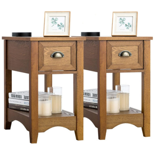 Set of 2 Contemporary Side End Table with Drawer -Natural