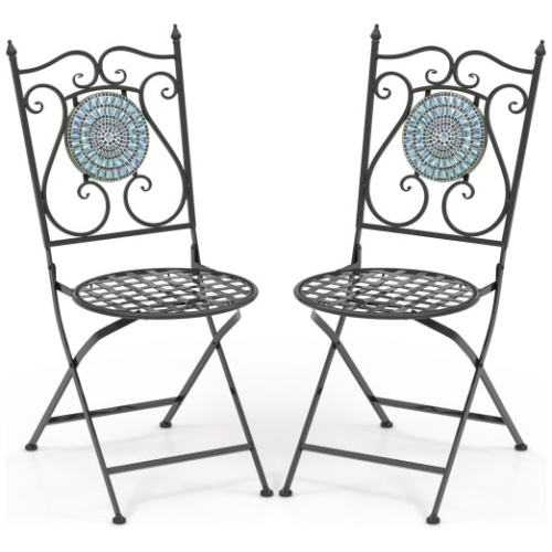 Set of 2 Mosaic Chairs for Patio Metal Folding Chairs-Black & Blue