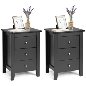 Set of 2 Nightstand End Beside Table Drawers-Black