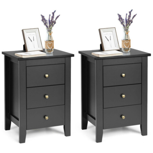 Set of 2 Nightstand End Beside Table Drawers-Black