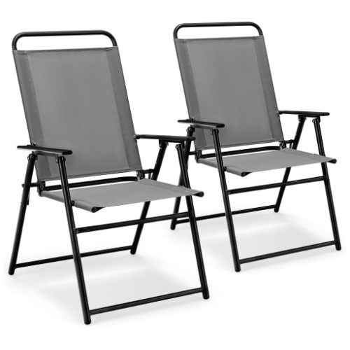 Set of 2 Outdoor Folding Sling Chairs with Armrest and Backrest-Gray