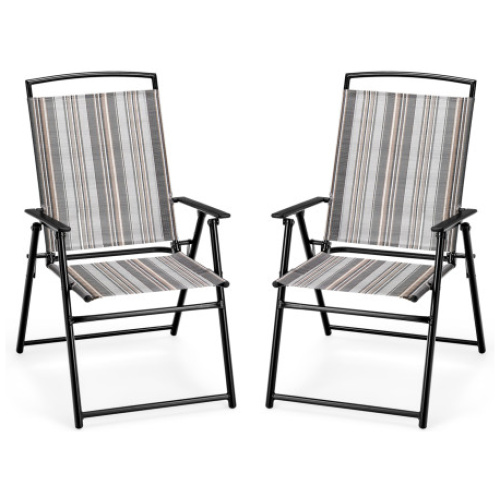 Set of 2 Patio Folding Sling Chairs Space-saving Dining Chair-Gray