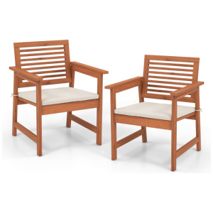 Set of 2 Patio Solid Wood Dining Chairs with Cushions and Slatted Seat