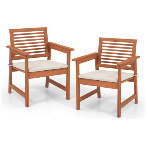 Set of 2 Patio Solid Wood Dining Chairs with Cushions and Slatted Seat