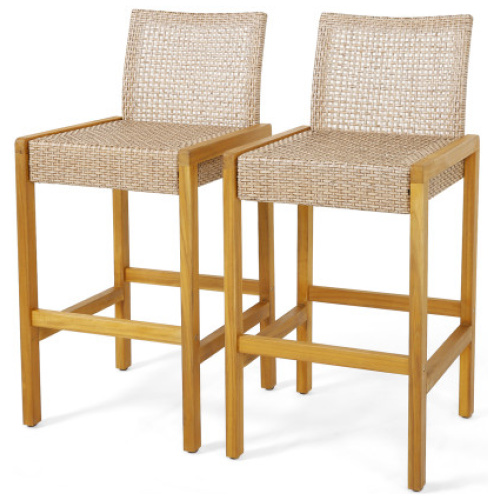 Set of 2 Rattan Patio Wood Barstools Dining Chairs with Backrest-Set of 2