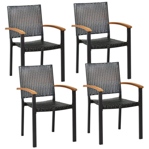 Set of 4 Outdoor Patio PE Rattan Dining Chairs with Powder-coated Steel Frame