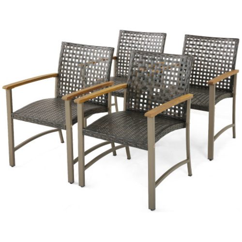 Set of 4 Patio Rattan Dining Chairs with Acacia Wood Armrests-Set of 4