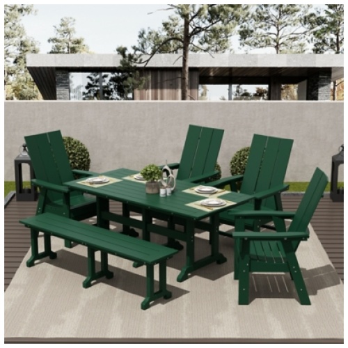 Shoreside Outdoor Curveback Adirondack Dining Table and 4 Chairs and Bench, Dark Green