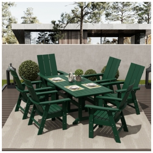 Shoreside Outdoor Curveback Adirondack Dining Table and 6 Chairs, Dark Green