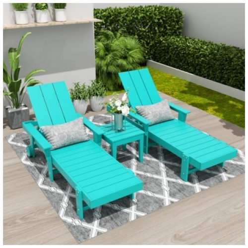 Shoreside Reclining Chaise With Arms and Wheels and Square Side Table (Set of 3), Turquoise