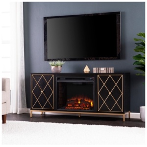 Southern Enterprises Herristone 58" TV Stand with Electric Fireplace, Black/Gold