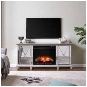 Southern Enterprises Veda Mirrored 58" TV Stand with Touch Screen Electric Fireplace, Silver