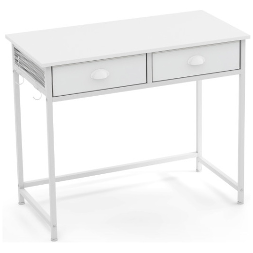 Space Saving Home Office Desk with 2 Fabric Drawers and 4 Hanging Hooks-White