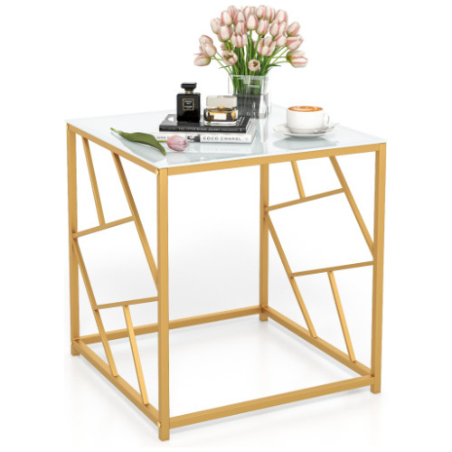 Square End Table with Tempered Glass Tabletop and Gold Finish Geometric Frame-Golden