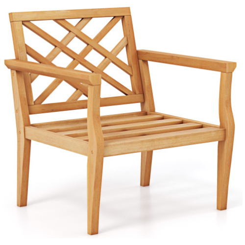 Teak Wood Slatted Patio Chair Armchair with Cozy Backrest and Armrests