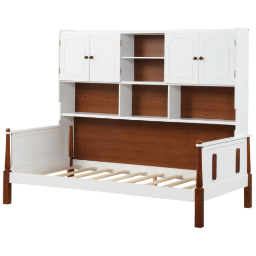 Twin Bed with Bookcase with Shelves and Wooden Slat Support No Box Spring Needed for Living Room Bedroom-White