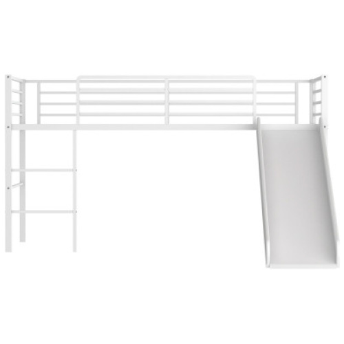 Twin Metal Loft Bed with Slide Safety Guardrails and Built-in Ladder-White