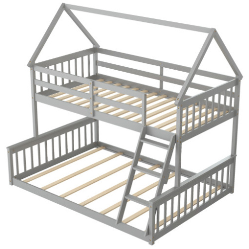 Twin Over Full House Bunk Bed with Ladder and Guardrails-Gray