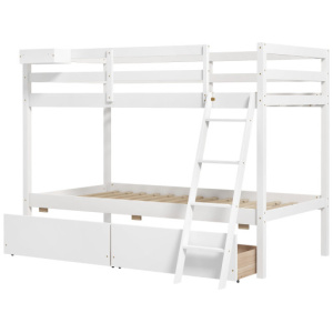 Twin Over Twin Bunk Bed Wood Bed Frame with 2 Storage Drawers and Ladder-White