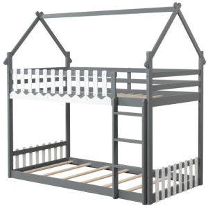 Twin Over Twin Bunk Bed with Fence and Ladder for Kids-Gray