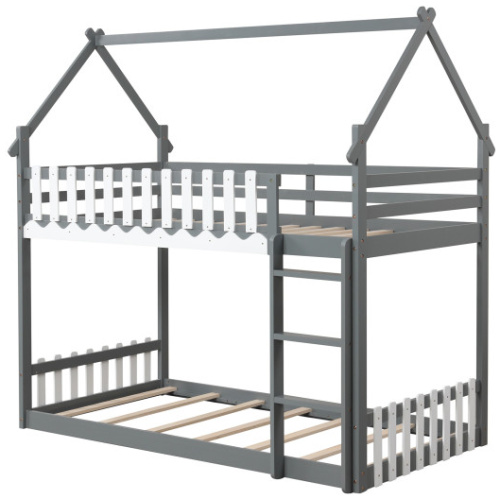 Twin Over Twin Bunk Bed with Fence and Ladder for Kids-Gray