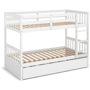 Twin Over Twin Bunk Bed with Pull-out Trundle and Ladder-White