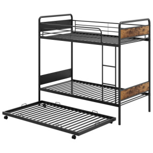 Twin Over Twin Bunk Bed with Trundle with Ladder and Full-length Guardrails-Black