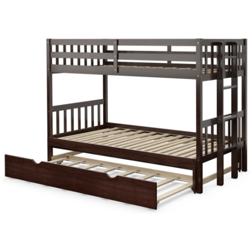 Twin Pull-Out Bunk Bed with Trundle Wooden Ladder-Espresso