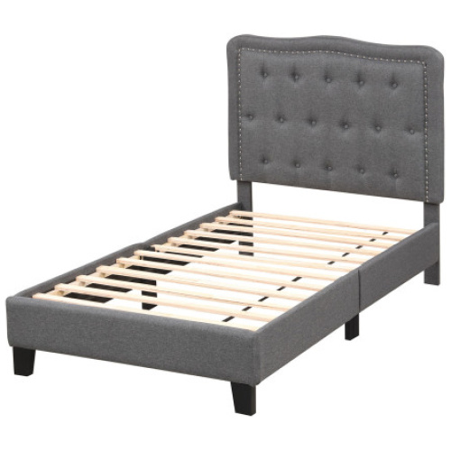 Twin Size Bed Frame with 46 Inch Tall Button Tufted Headboard-Gray