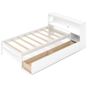 Twin Size Bed Frame with LED Light and Bookcase Headboard-White