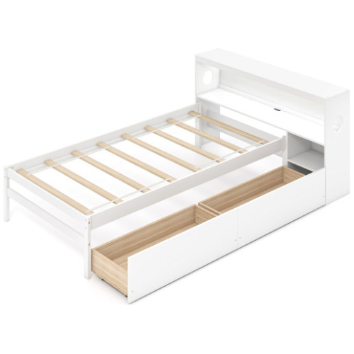 Twin Size Bed Frame with LED Light and Bookcase Headboard-White