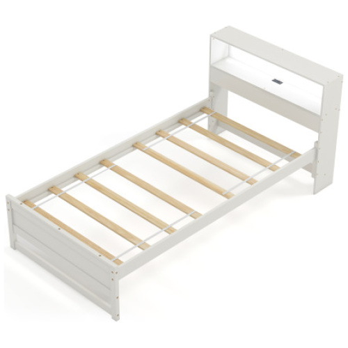 Twin Size Bed Frame with Storage Headboard and Charging Station-White