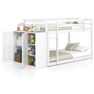 Twin Size Bunk Bed with Convertible Bookcase and Ladder-White