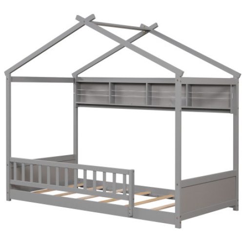 Twin Size House Bed with Storage Shelf and Headboard-Gray