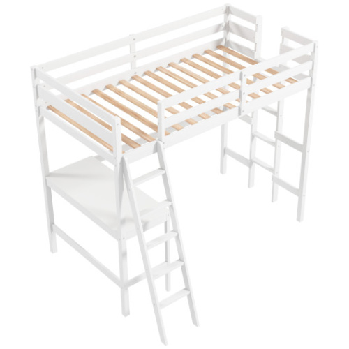 Twin Size Loft Bed Frame with Desk Angled and Built-in Ladder-White