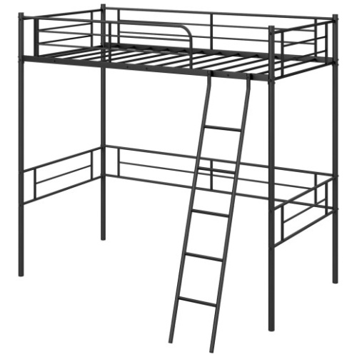 Twin Size Loft Bed Metal Bed Frame with Ladder and Guardrails-Black