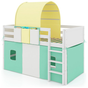 Twin Size Loft Bed Playhouse Bed Frame with Tower Tent and 3 Storage Pockets-Turquoise