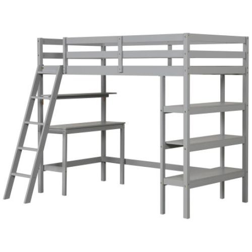 Twin Size Loft Bed with Desk and Bookshelves for Kids and Teens-Gray