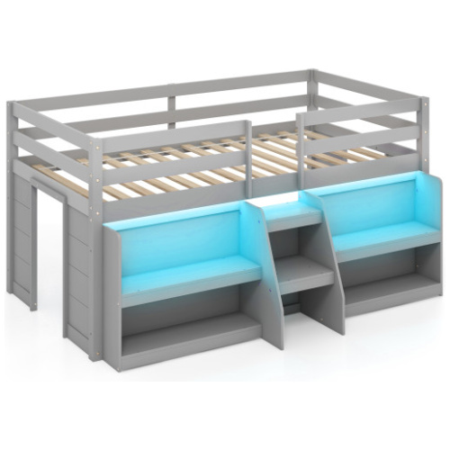 Twin Size Loft Bed with LED Lights with Staircase and Safety Guardrail-Grey