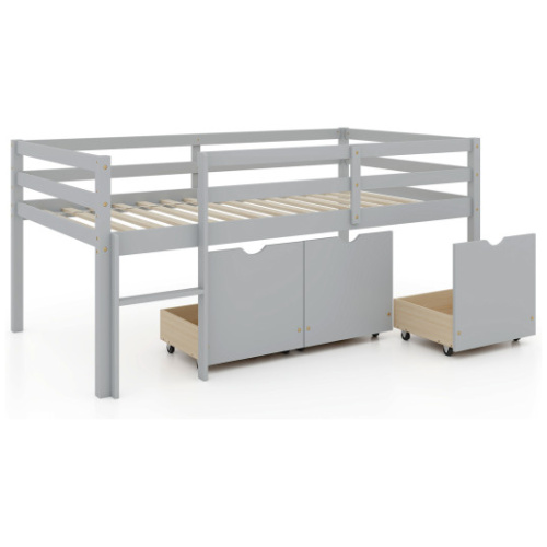 Twin Size Low Loft Bed with 3 Drawers with Ladder and Full-length Guardrails-Gray