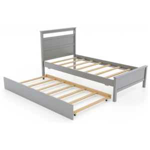 Twin Size Wooden Bed Frame with Trundle for Teens and Adults-Gray