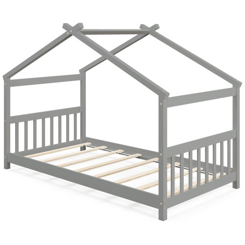 Twin Size Wooden House Bed with Roof-Gray