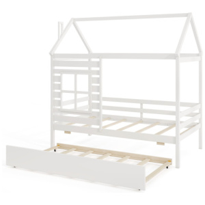 Twin Size Wooden Platform House Bed with Trundle and Roof-White