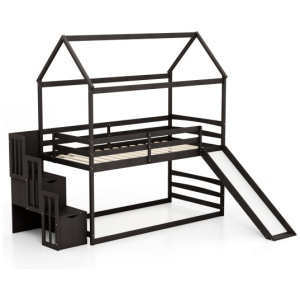 Twin over Twin Bunk Bed with Slide and 2-Step Storage Staircase-Espresso