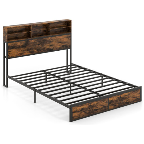 Twin/Full/Queen/King Size Bed Frame with Storage Headboard Industrial Metal Platform Bed-Queen Size