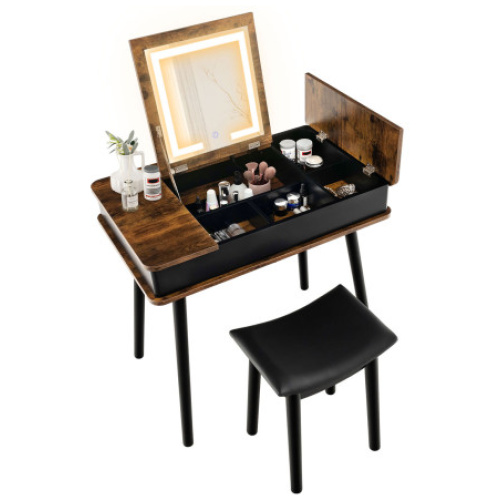 Vanity Table Set with Flip Top Mirror Lights USB Writing Desk and Stool-Brown