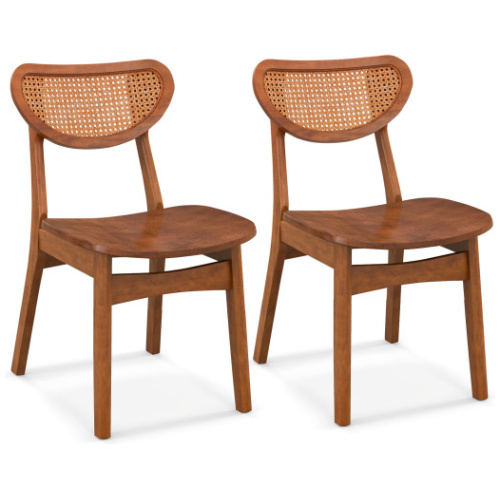 Wooden Dining Chair Set of 2 with Breathable Mesh Cane Backrest-Walnut