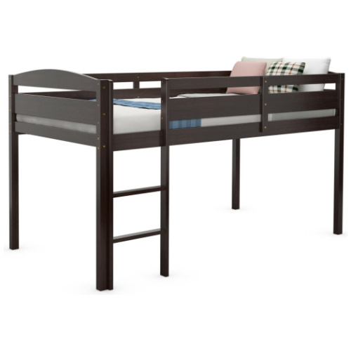 Wooden Twin Low Loft Bunk Bed with Guard Rail and Ladder-Dark Brown