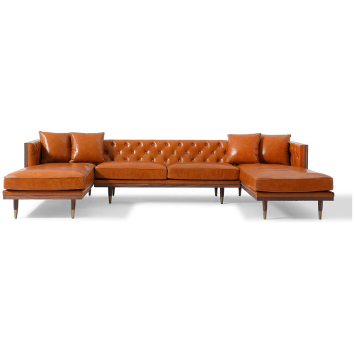 Woodrow Neo 126" Leather Sofa U-Sectional, Walnut/Tan Aniline